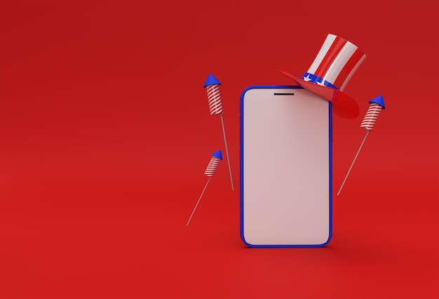 3D Render Feliz 4 de julio Día de la Independencia de Estados Unidos y Maqueta de Smartphone Bandera estadounidense.