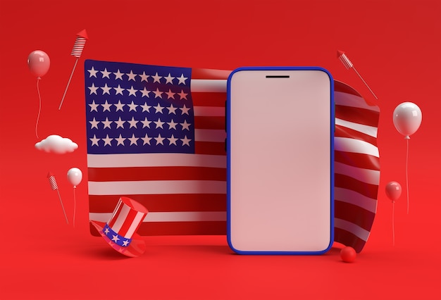 3D Render Feliz 4 de julio Día de la Independencia de Estados Unidos y Maqueta de Smartphone Bandera estadounidense.