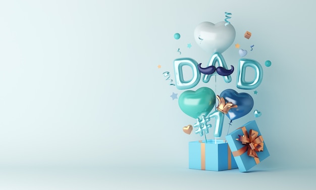 3d render feliz día del padre decoración con globos y cajas de regalo sobre fondo azul claro