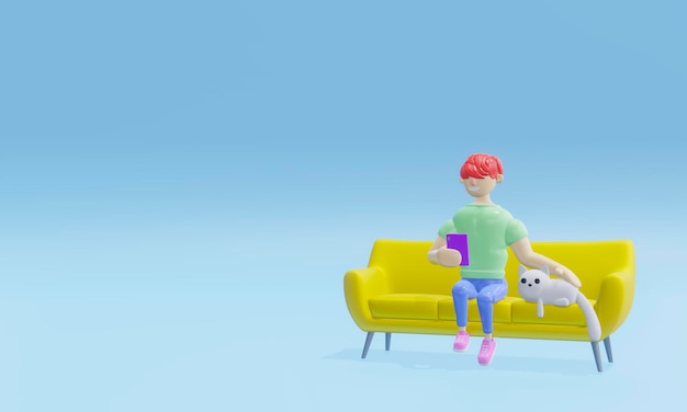 3d render feo personaje se sienta en un sofá amarillo mira el teléfono y acaricia a un lindo gato