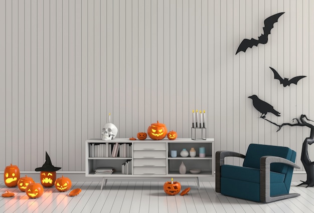 3D render Fiesta de Halloween en la sala con y calabazas