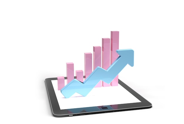 3D Render La flecha azul se mueve hacia arriba Gráfico en forma de flechas y columnas en la tableta