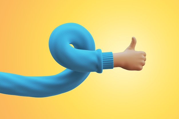 Foto 3d-render flexibel verdrehte cartoon-hand trägt blauen pullover zeigt daumen nach oben wie geste