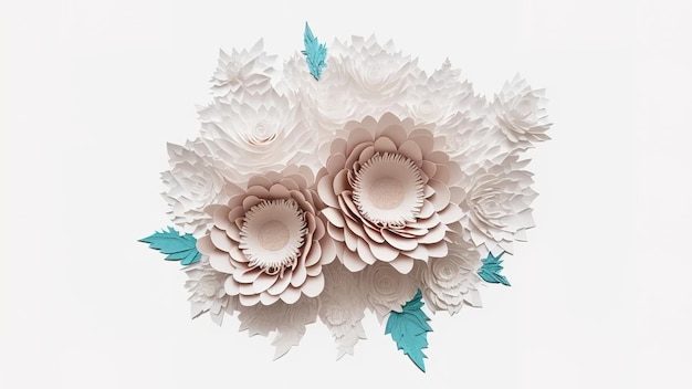 3D render flores de papel cortadas abstratas isoladas em design artesanal decorativo moderno branco