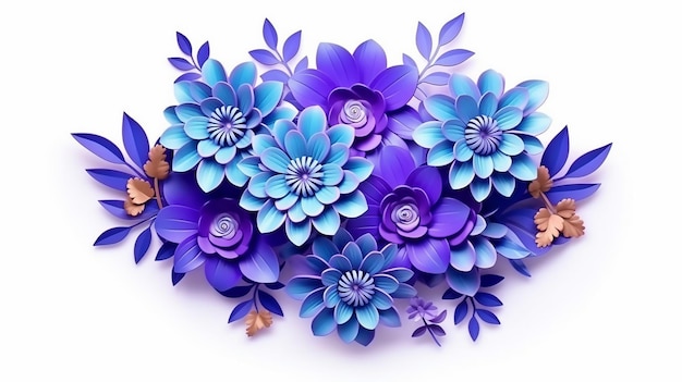 3D render flores de papel de neón violeta azul ramo floral IA generativa