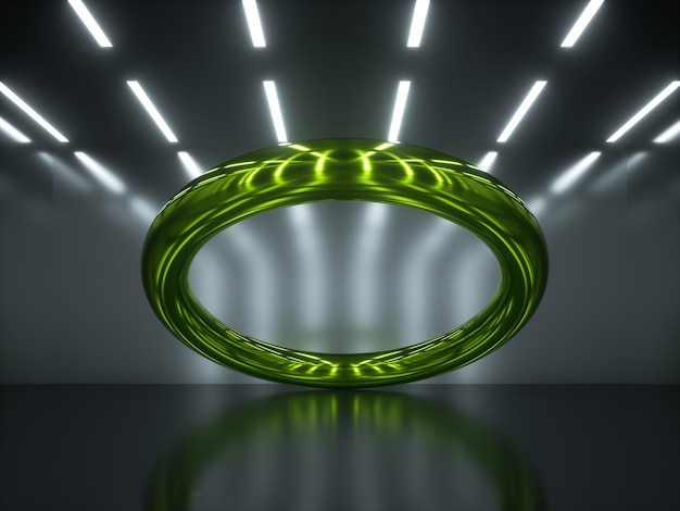 3D Render fondo abstracto anillo recubierto de cromo verde brillante dentro de la habitación oscura