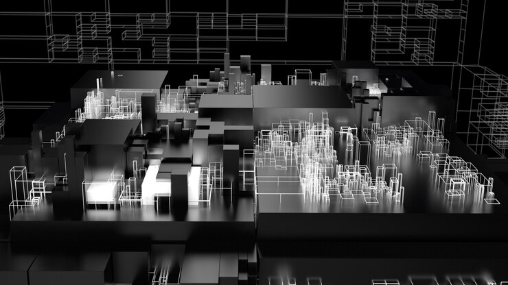 Foto 3d render fondo abstracto complejo. concepto de tecnología. cubo detallado para tecnología, inteligencia artificial o tema blockchain.