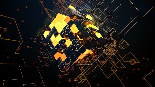 3d render fondo abstracto. Concepto de tecnología digital. Los cubos aleatorios con segmentos brillantes simbolizan el bloque de datos.