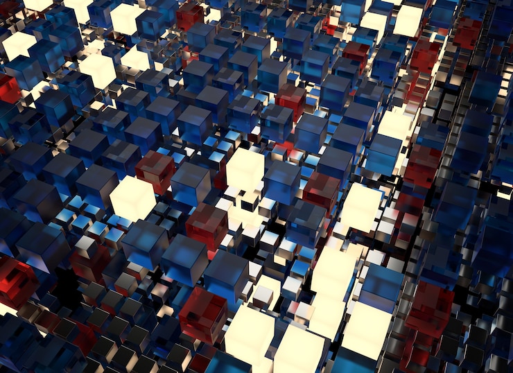Foto 3d render fondo abstracto. una pila de cubos con diferentes materiales. estructura de cuadrícula de forma geométrica cuadrada. concepto digital. cuadrícula del cubo 3d.
