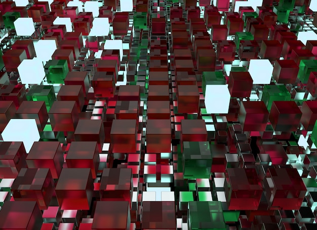 3d render fondo abstracto. Una pila de cubos con diferentes materiales. Estructura de cuadrícula de forma geométrica cuadrada. Concepto digital. Cuadrícula del cubo 3D.
