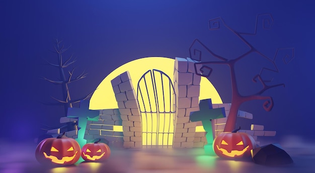 3d Render Fondo de feliz día de Halloween con escena nocturna y espeluznante fantasma de calavera de calabazas de Halloween