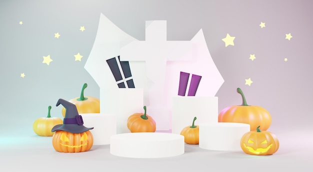 3d Render Fondo de feliz día de Halloween con producto de soporte de podio y escena nocturna y lindo diseño espeluznante Calabazas de Halloween fantasma de calavera y decoraciones de araña sobre fondo morado oscuro