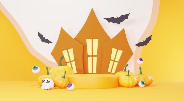 3d Render Fondo de feliz día de Halloween con producto de soporte de podio y escena nocturna y lindo diseño espeluznante Calabazas de Halloween fantasma de calavera y decoraciones de araña sobre fondo naranja oscuro