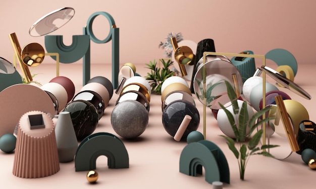 3d render fondo pastel con formas geométricas Oro y color pastel vidrio negro Simplemente diseño de moda para promoción o exhibición de productos Modelo de banner mínimo