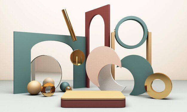 3d render fondo pastel con formas geométricas Oro y color pastel vidrio negro Simplemente diseño de moda para promoción o exhibición de productos Modelo de banner mínimo