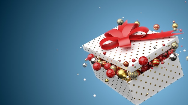 3d render fondo positivo con caja de regalo llena de bolas.