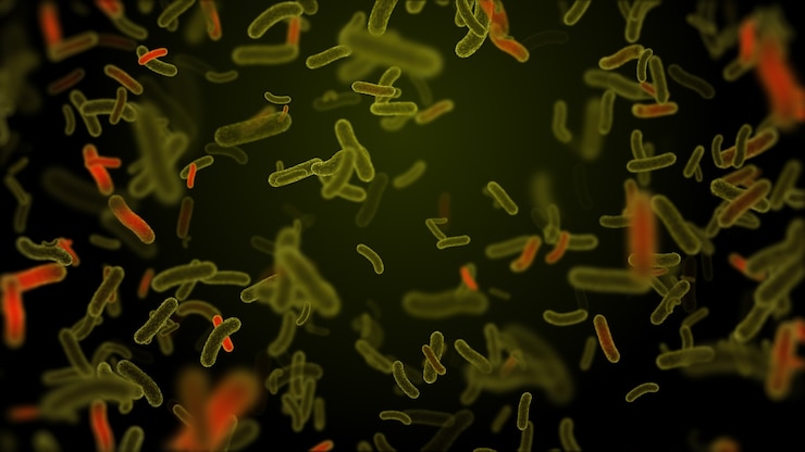 Foto 3d render formação médica com micróbios. micro mundo de bactérias ou vírus abstratos. conceito de infecção.