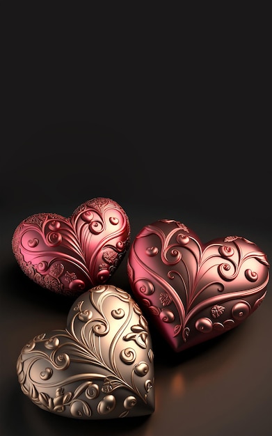 3d render formas de corazones étnicos de bronce y cobre