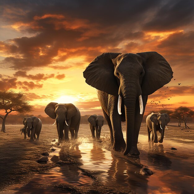 3D-Render-Foto einer Elefantenherde gegen den Sonnenuntergang