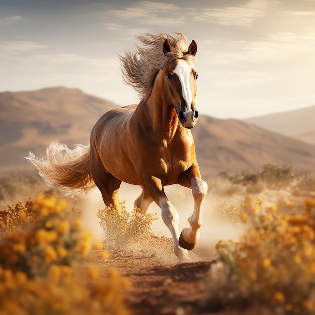 3D-Render-Foto von Pferden, die auf Feldern rennen