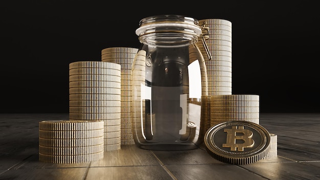 3D Render de frasco de vidrio vacío con bitcoins dorados sobre fondo negro y madera botella de concepto financiero bitcoin