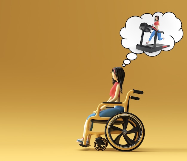 3D-Render-Frau, die im Rollstuhl sitzt, denken auf Laufband 3D-Darstellung Design.