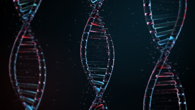 3D render fundo abstrato com hélice de DNA de vidro. Conceito médico. Material reflexivo de vidro.