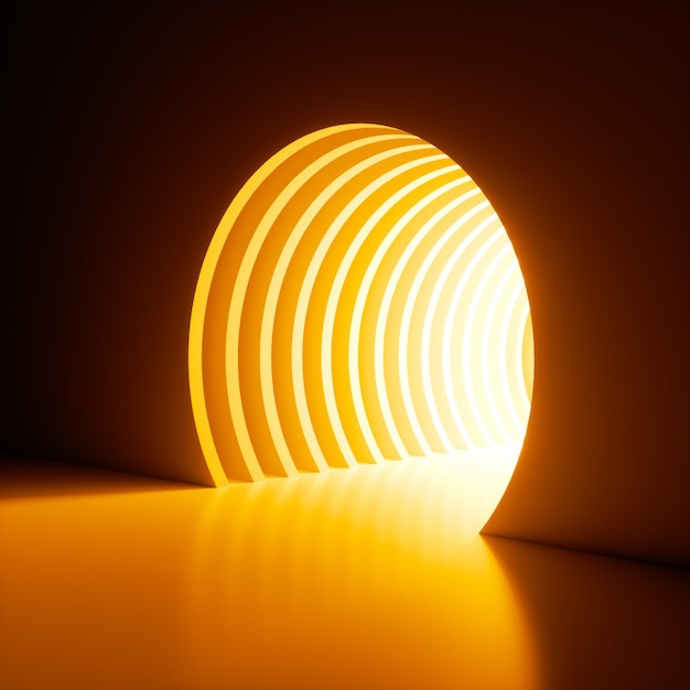 3D render, fundo abstrato, luz de néon amarela brilhante brilhando para fora do buraco na parede.
