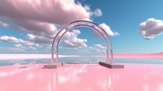 3d render fundo estético abstrato paisagem de fantasia surreal água rosa deserto néon arco linear e portão metálico cromado sob o céu azul com nuvens brancas imagem generativa de IA weber