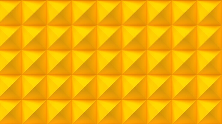 Foto 3d render fundo padrão de papel de parede repetindo pirâmides amarelas iluminando luz geométrica