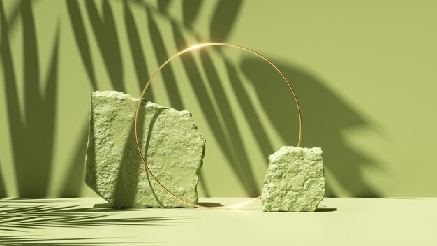 3D render fundo verde abstrato com sombra de folha tropical e luz solar brilhante