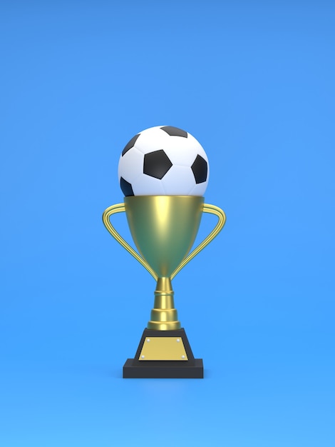 3d render futebol no troféu para o conceito para o conceito de sucesso e vitória do vencedor