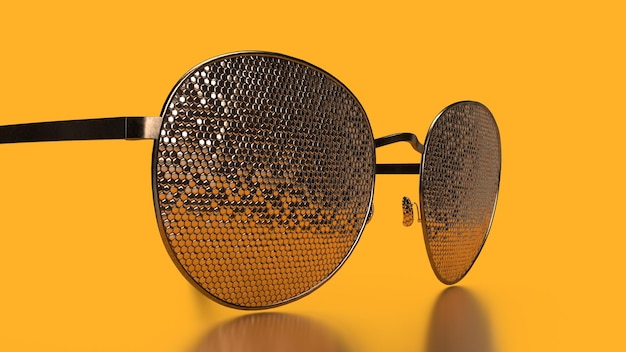 3d render gafas de oro sobre un fondo de moda amarillo