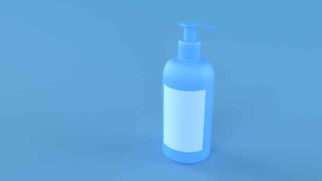 3D render garrafa desinfetante em fundo azul