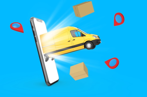 3D-Render gelber Lieferwagen, der vom Smartphone mit Boxen und Standortsymbolen auf blauem Hintergrund kommt