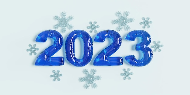 3d render globo azul 2023 feliz año nuevo celebración con copo de nieve sobre fondo azul