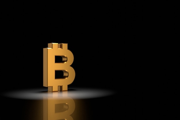 3D-Render-Gold-Bitcoin-Zeichen auf schwarzem Hintergrund