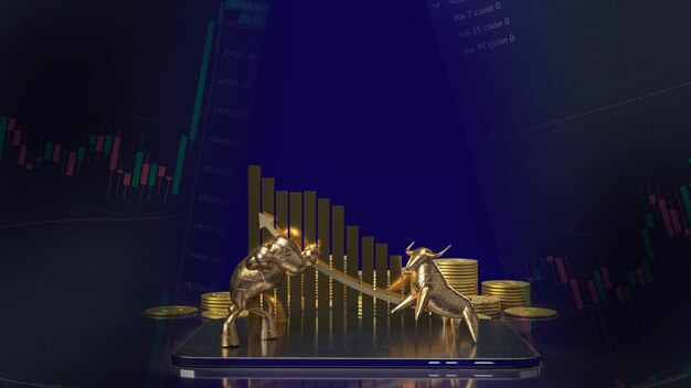 3D-Render Gold Bull und Bär mit einer goldenen Grafik dahinter auf einem Smartphone und dunkelblauem Hintergrund