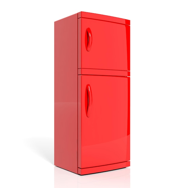 Foto 3d render de gran refrigerador rojo aislado uno blanco