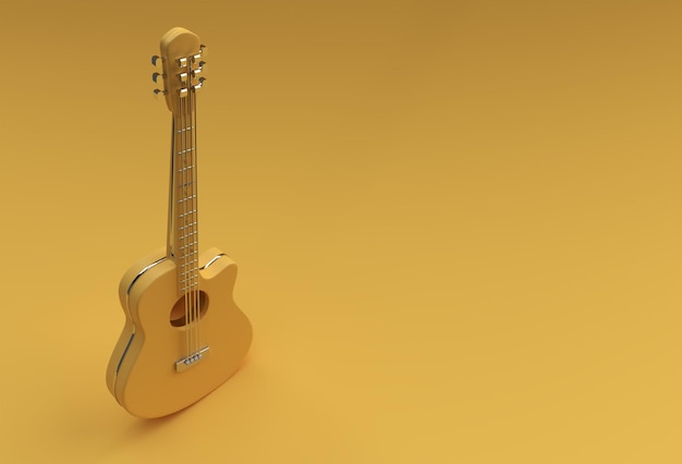 3D Render Guitarra acústica sobre fondo amarillo Diseño de ilustración 3d