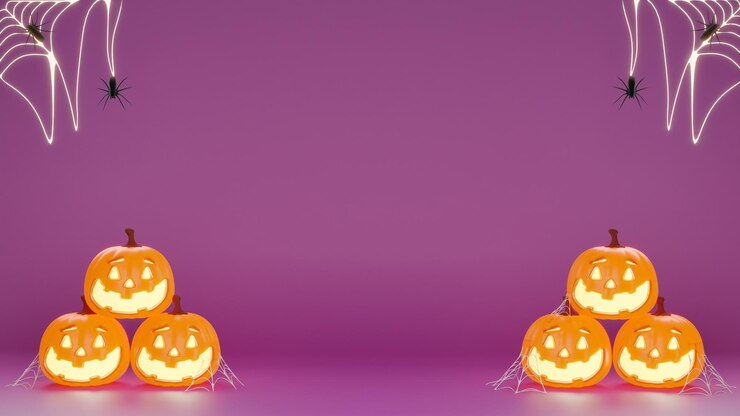 3d render Halloween calabaza Jack o linterna araña webs con fondo púrpura
