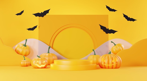 3d Render Happy Halloween Day Hintergrund mit Podium Stand Produkt und Nachtszene und niedlichem gruseligem Design Halloween Kürbisse Totenkopf Geist und Spinnen Dekorationen auf dunkelorangem Hintergrund