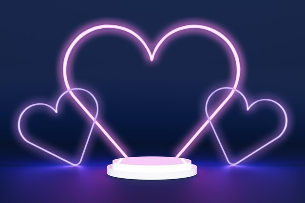 3D Render Heart Line Glow Ring Pink Neon que brilla en la escena oscura Stand de podio redondo Escenario