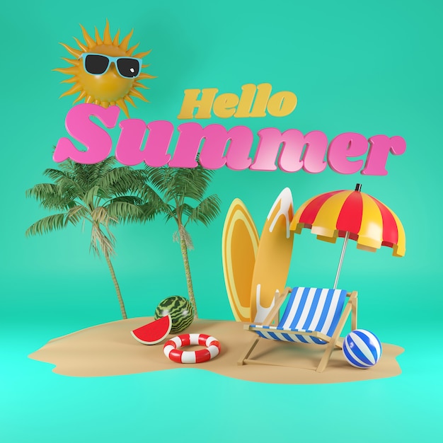 3D render Hello Summer com elementos de praia em fundo de hortelã