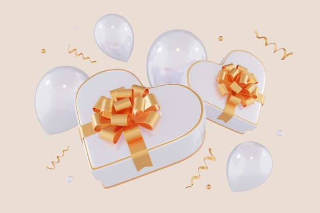 3D-Render Herz weiß geformte Box mit einem goldenen Band und einer goldenen Schleife mit weißen Ballons und Konfetti