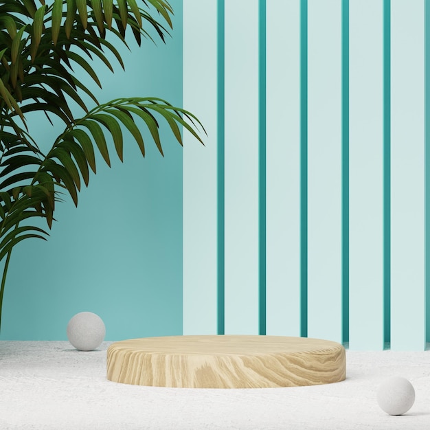 3D Render Holz Podium mit pastellblauem Hintergrund