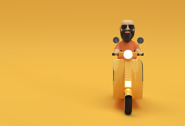 3D Render hombre calvo montando una scooter de motor vista lateral sobre un fondo amarillo.