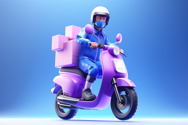 3D Render Homem montando scooter motocicleta conceito de entrega on-line criado Generative Ai