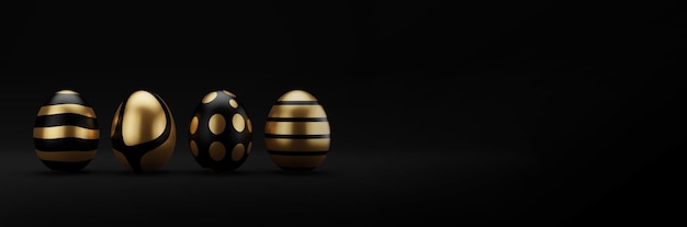 3d render huevo de pascua dorado de lujo en fila sobre fondo oscuro Elegantes huevos de Pascua pintados de negro con pintura dorada brillante Decoración moderna tarjeta de felicitación Ilustración de renderizado 3D