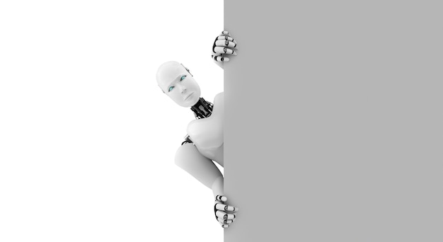 3D render humanoider Roboter taucht von der Wand auf